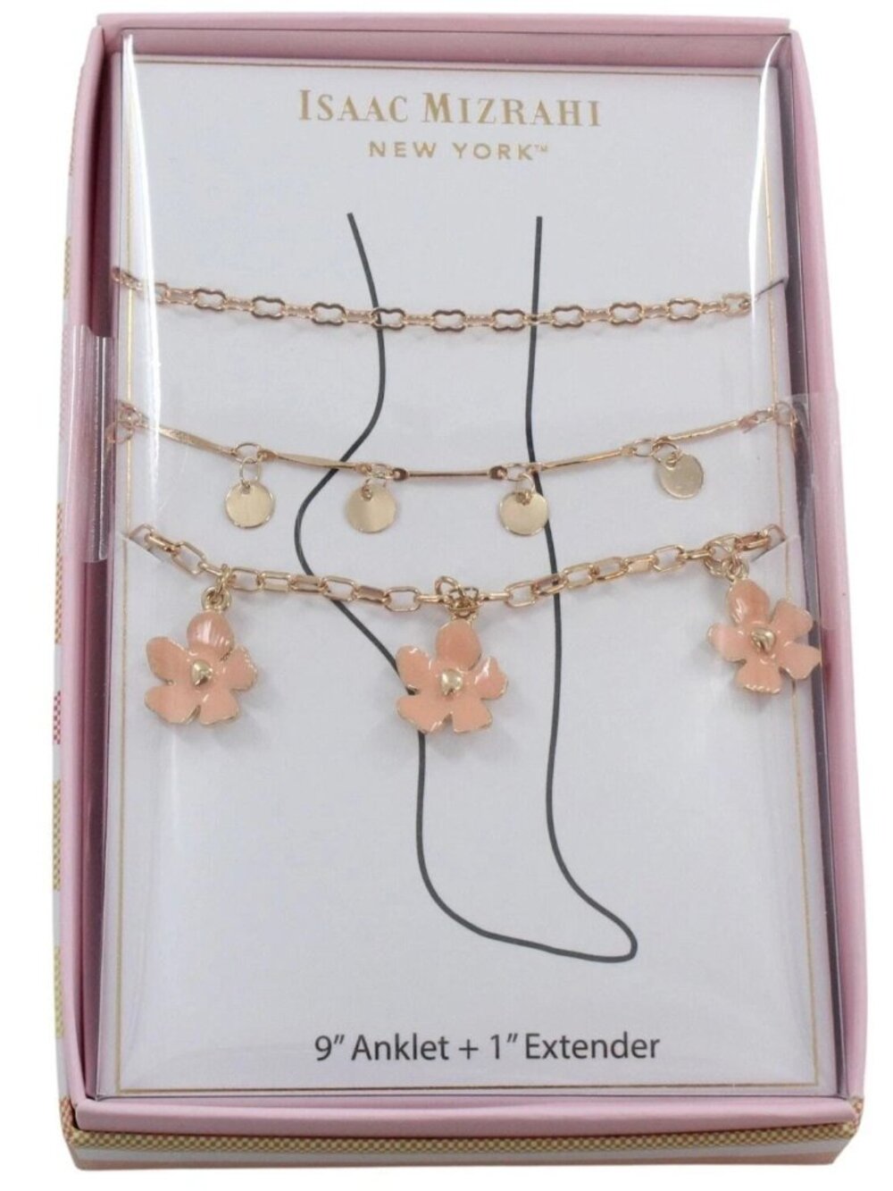 Isaac Mizrahi 3 Piece Goldtone Charms Flower Anklet Ankle Bracelet Boxed Set NEW